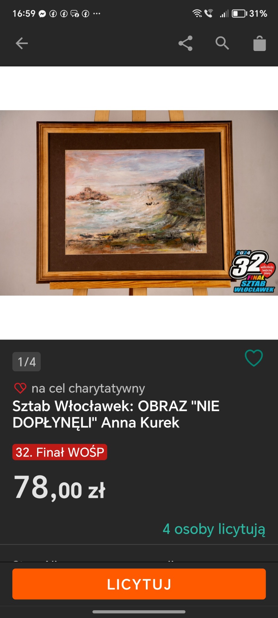 Krajobraz morski w ciepłych barwach, namalowany farbami olejnymi, oprawiony w drewnianą ramę i ustawiony na drewnianym sztalugach.