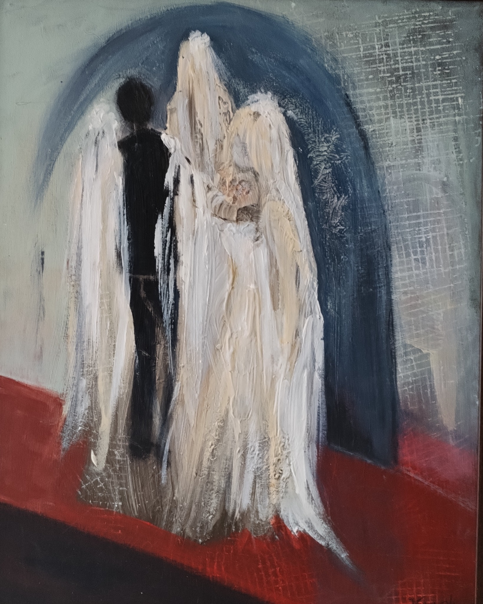 Abstrakcyjne malarstwo olejne przedstawiające parę młodą w kościele z wyraźną fakturą farby i dominującą paletą bieli, czerni i czerwieni.
