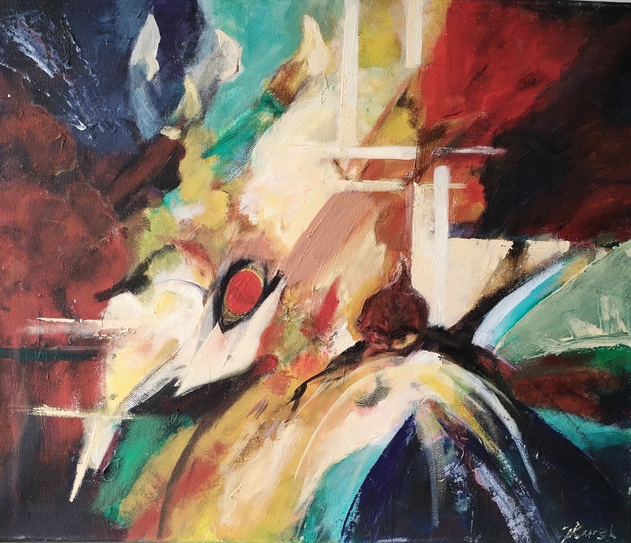 Abstrakcyjna kompozycja malarska z przewagą czerwieni, zieleni, żółci i bieli, z widoczną fakturą farby olejnej na płótnie.