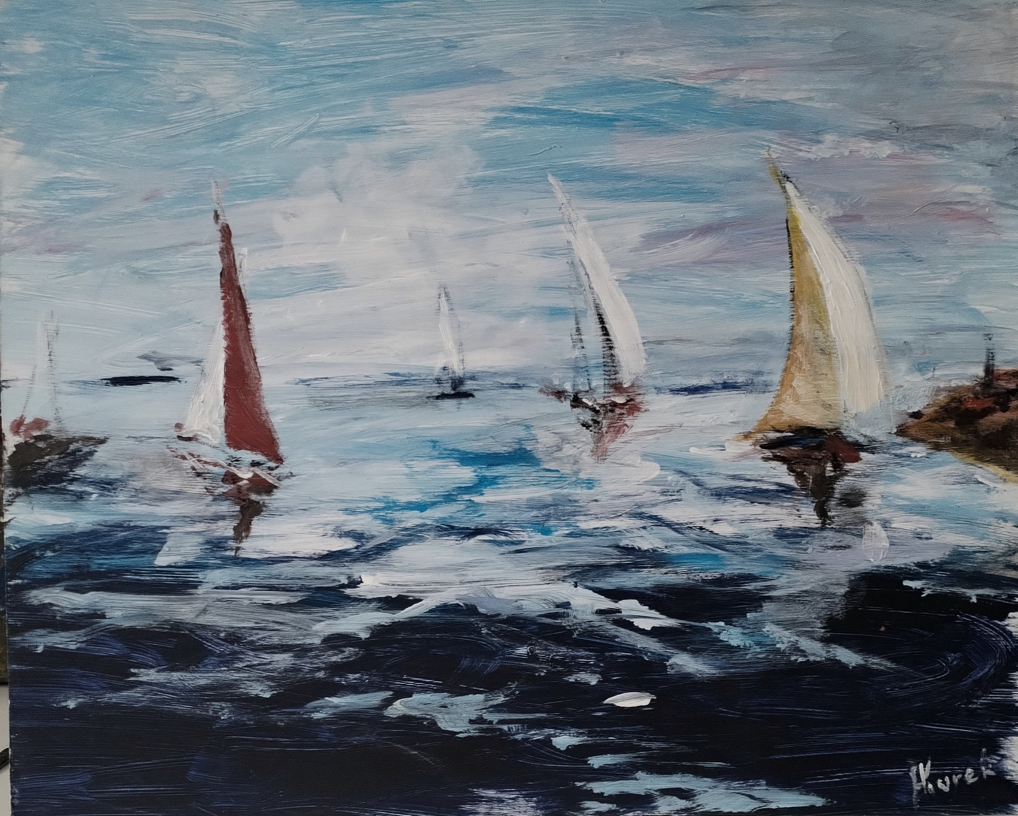 Obraz olejny przedstawiający żaglówki na morzu, z ekspresyjnymi pociągnięciami pędzla oddającymi fale i niebo, jedna z żaglówek ma czerwony żagiel.