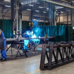 Spawanie konstrukcji stalowej w hali produkcyjnej, widoczne iskry i spawacze w kombinezonach ochronnych, dźwig nad głową, w tle zielone zasłony spawalnicze.