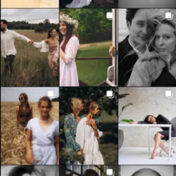 Kolaż zdjęć przedstawiający różnorodne pary i osoby w plenerze i w studio, w tym całujące się pary, osoby w sukniach, portrety i ujęcia artystyczne, z różnym oświetleniem i stylem.