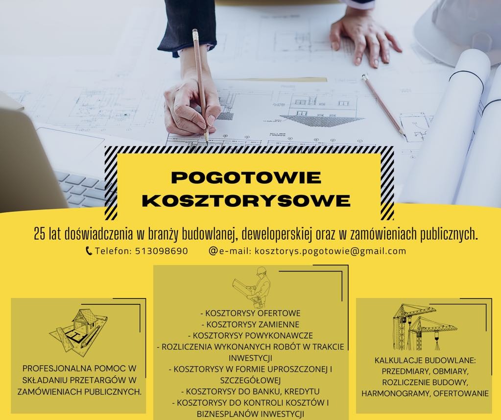 Reklama pogotowia kosztorysowego z Wołomina: dłonie nad planami budowlanymi, laptop, kask i zwinięte projekty w tle. Informacje o doświadczeniu i ofercie.