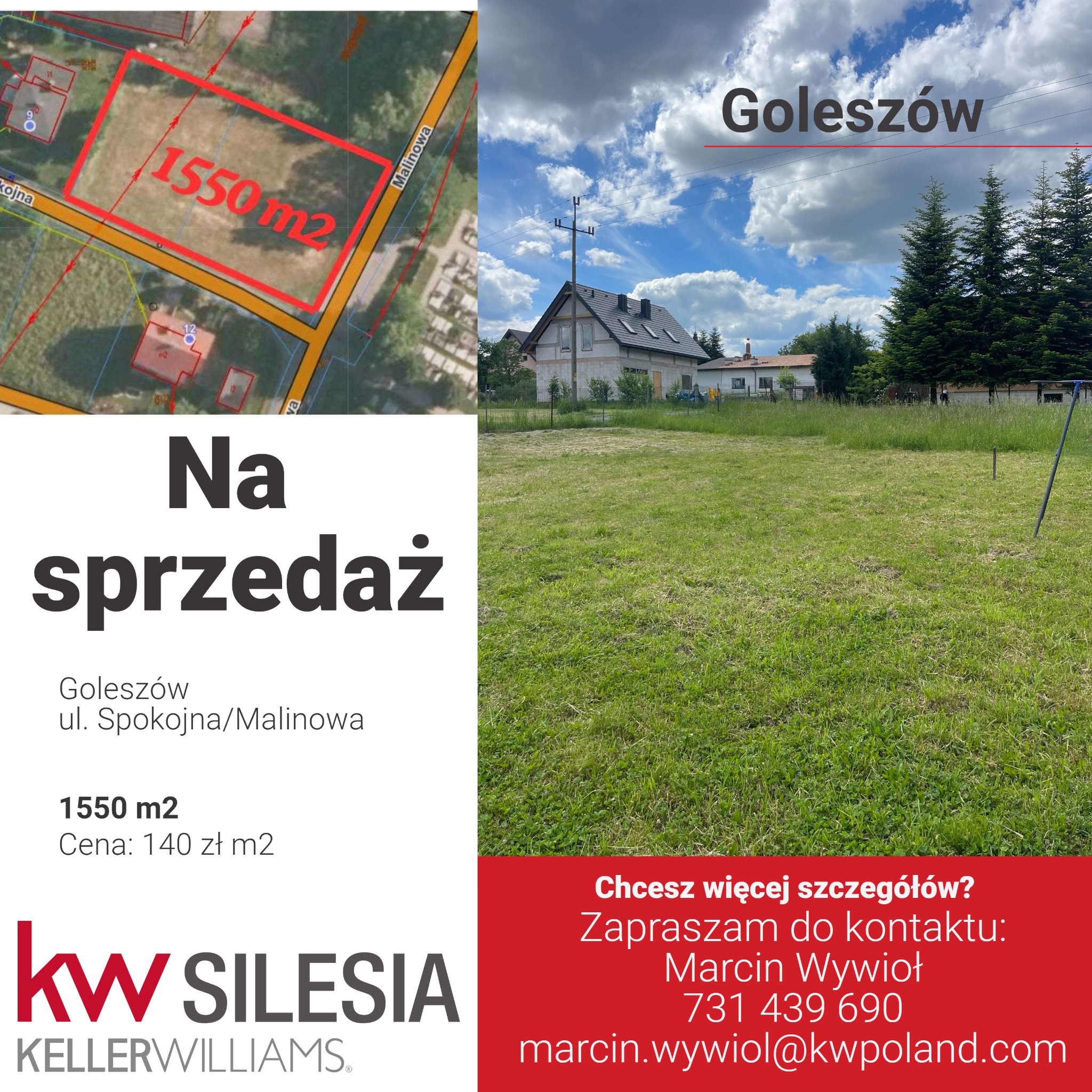 Działka budowlana o powierzchni 1550 m² w Goleszowie, widok ogólny z częściowym widokiem na dom w tle i mapą sytuacyjną w rogu, prezentowana przez agencję nieruchomości KW Silesia.