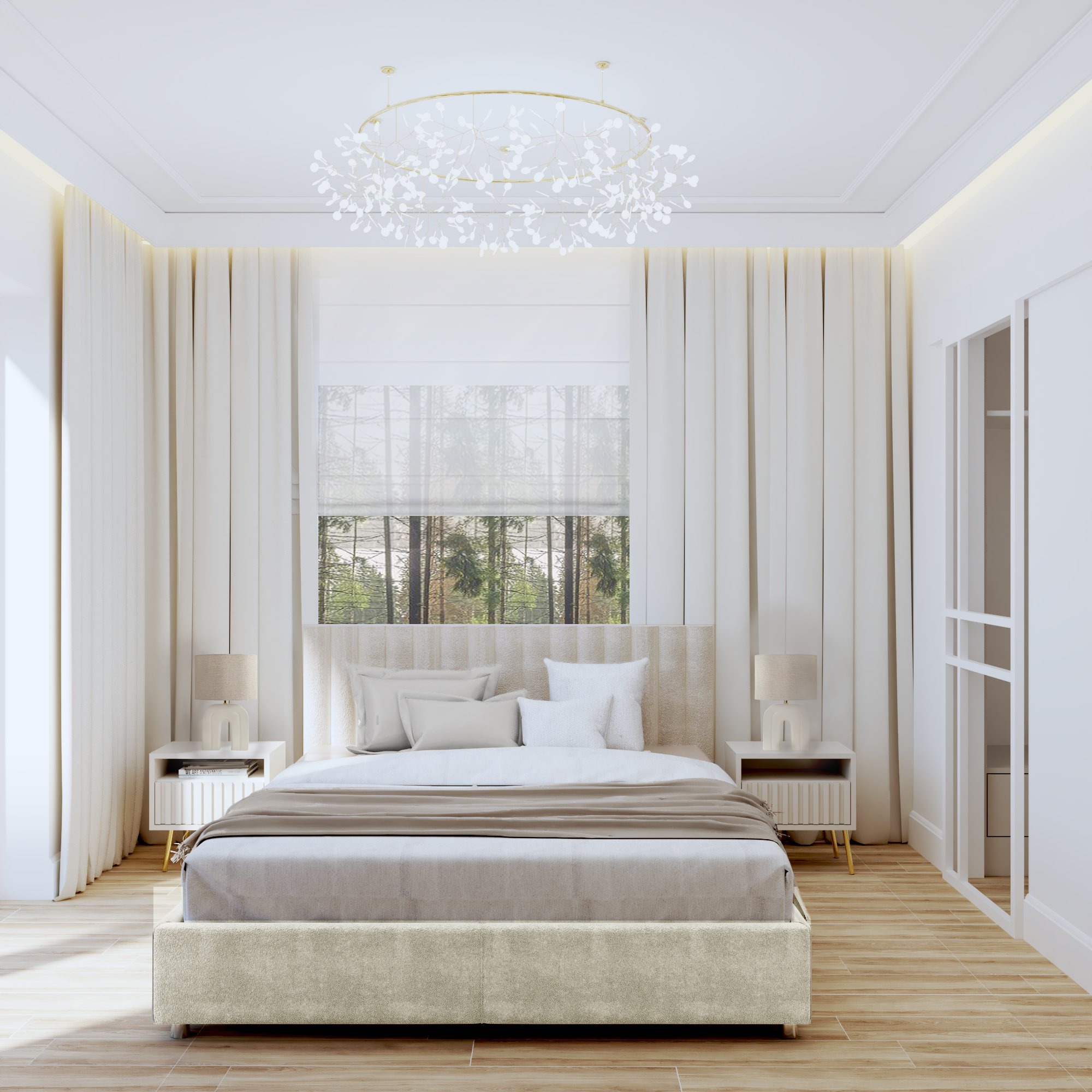 Jasna sypialnia w minimalistycznym stylu z łóżkiem z beżowym zagłówkiem, białymi zasłonami i widokiem na las za oknem, oświetlona ozdobnym, okrągłym żyrandolem.