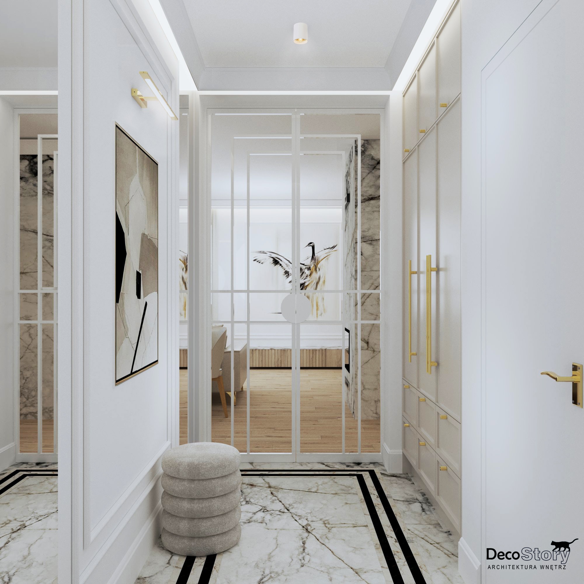 Elegancki przedpokój w bieli i marmurze, z pufem z miękkiego materiału, szklanymi drzwiami i abstrakcyjnym obrazem na ścianie.