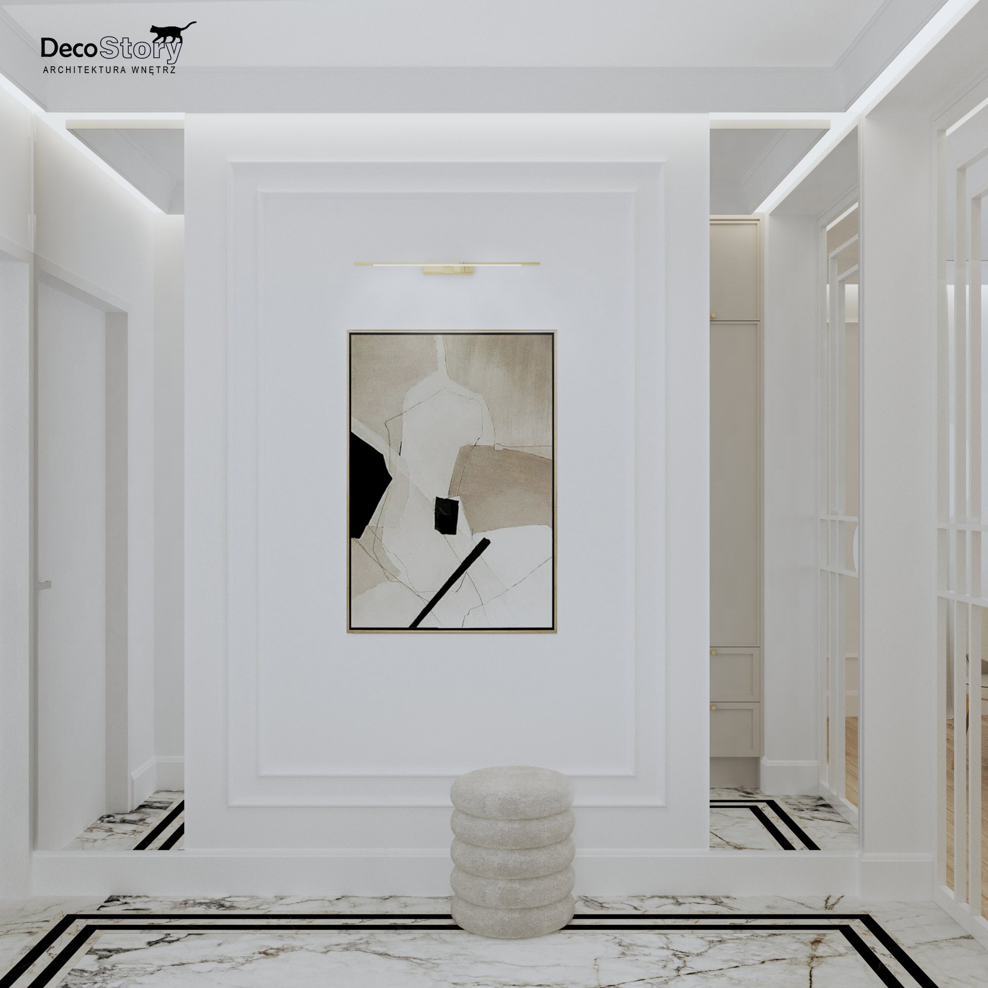 Nowoczesny przedpokój w bieli z marmurową podłogą, abstrakcyjnym obrazem i pufą w kształcie wieży z poduszek.