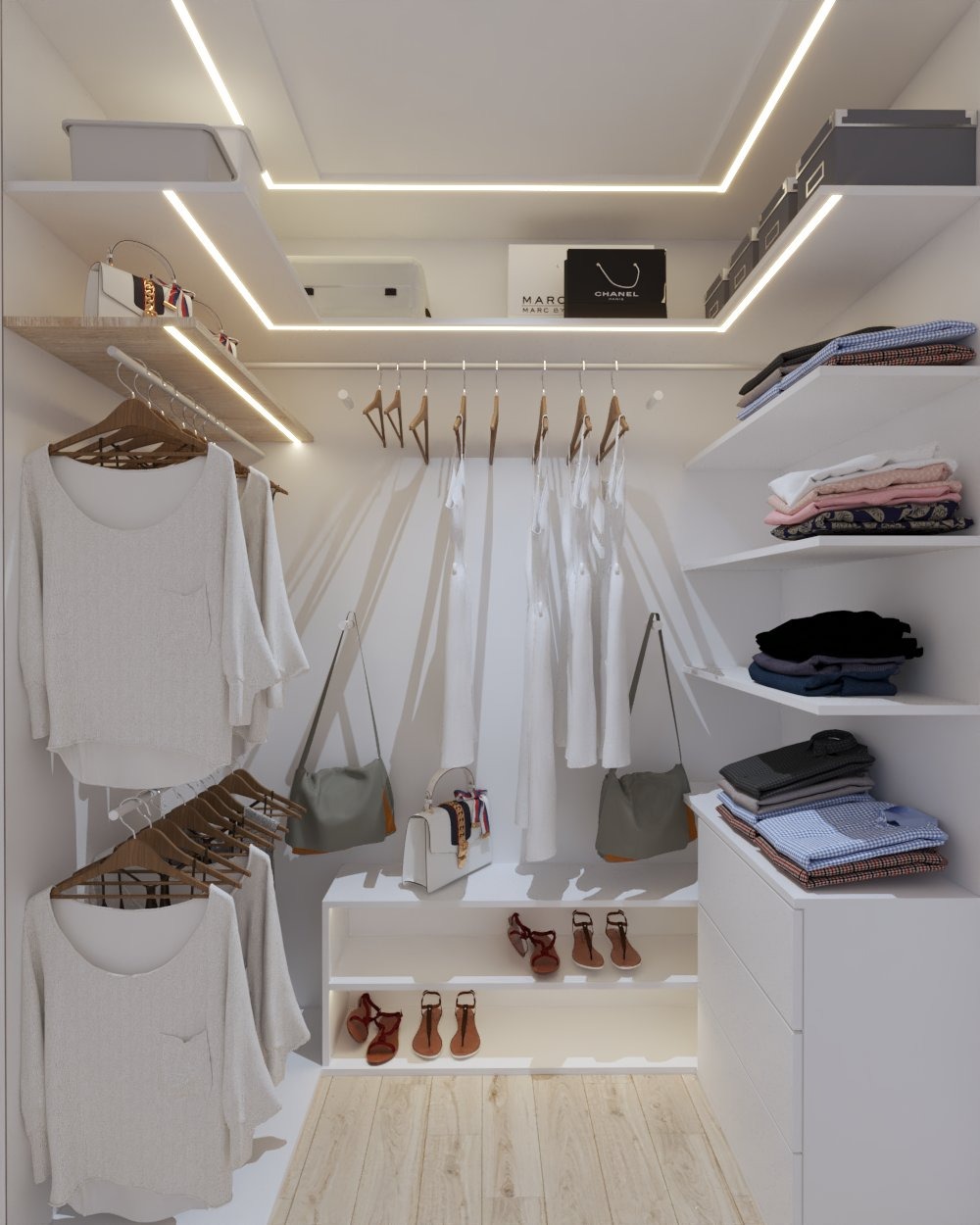 Wnętrze garderoby z białymi meblami, oświetleniem LED, wiszącymi ubraniami, torebkami i rzędami butów na półkach.