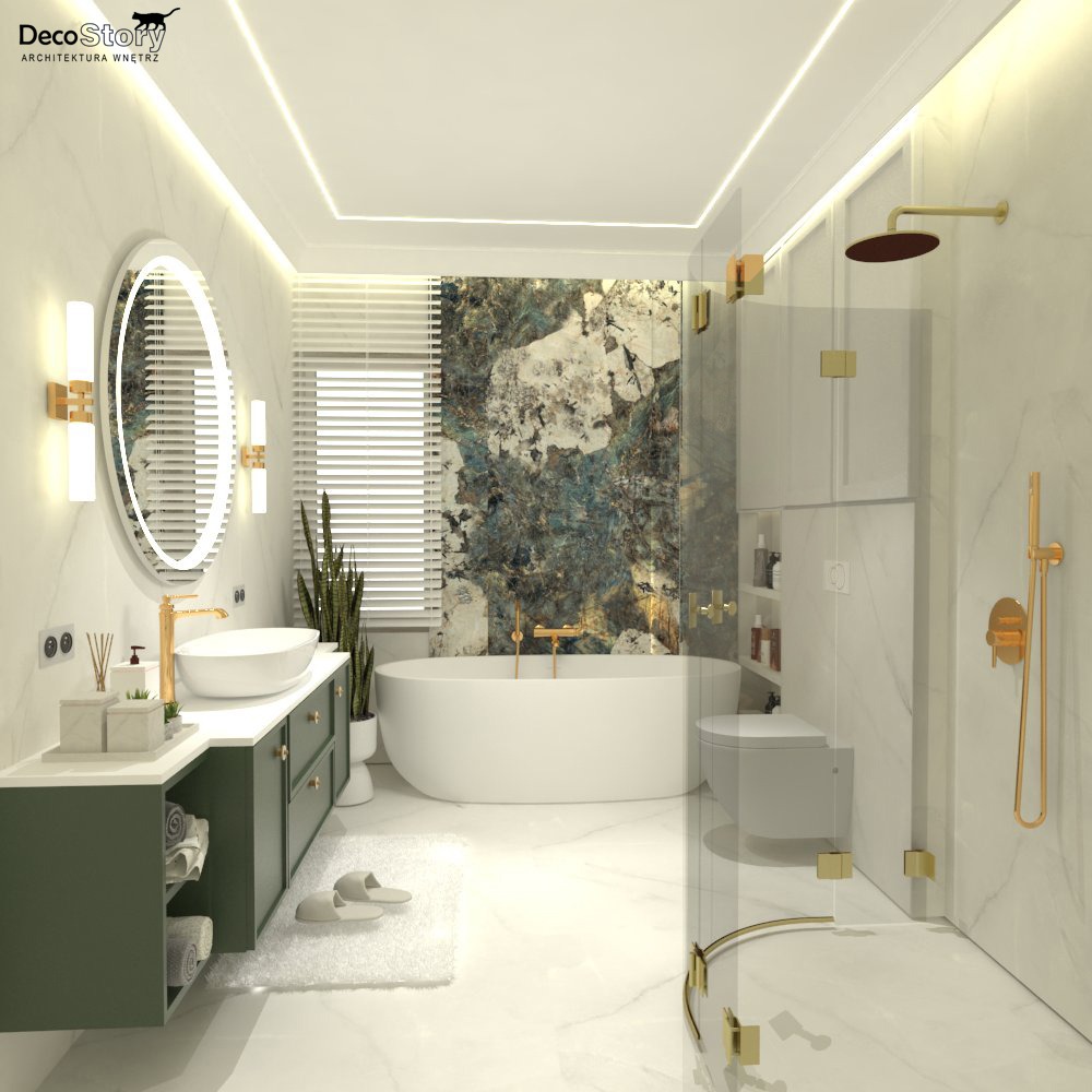 Wizualizacja nowoczesnej łazienki z wolnostojącą wanną na tle ściany z marmurowym wzorem, zieloną szafką pod umywalką, owalnym lustrem podświetlanym LED i szklaną kabiną prysznicową z elementami...