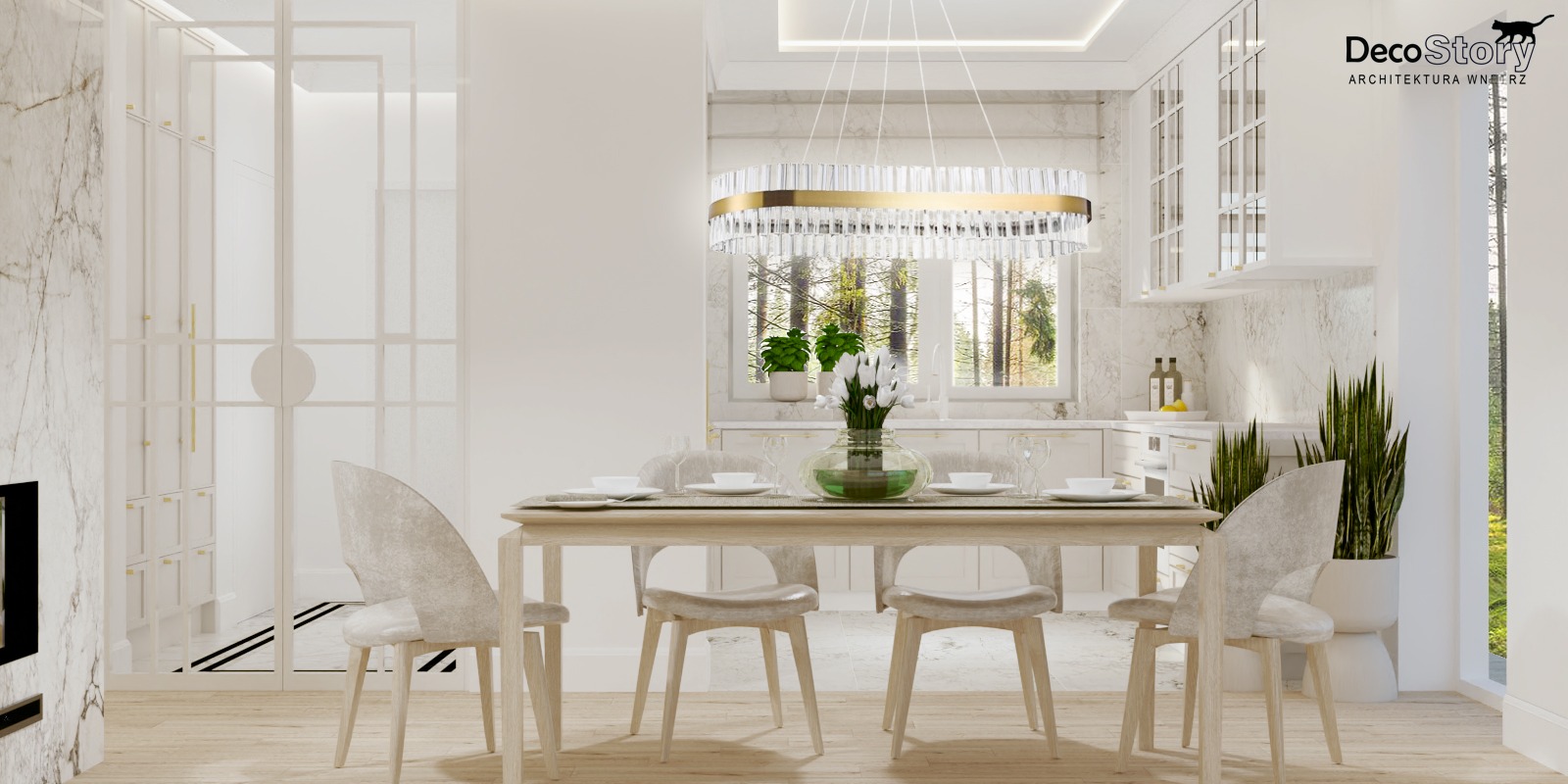 Jasna jadalnia z marmurowymi ścianami, stołem z nakryciem dla pięciu osób, kwiatami w szklanym wazonie i nowoczesnym, okrągłym żyrandolem z kryształkami.