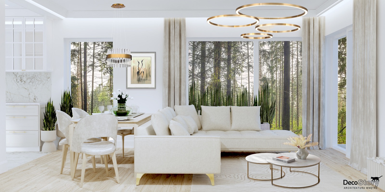 Jasne wnętrze salonu z jadalnią, z widokiem na las przez duże okna, oświetlone nowoczesnymi lampami w kształcie pierścieni i z kremową sofą narożną z ozdobnymi złotymi nóżkami.
