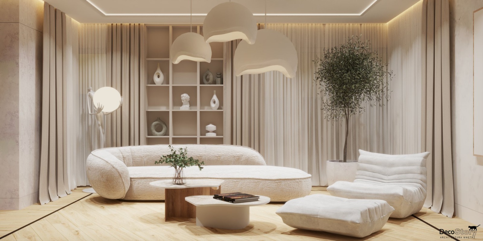 Jasne wnętrze salonu z sofą boucle, stolikami kawowymi, lampami wiszącymi i regałem z dekoracjami, oświetlone naturalnym światłem, z parkietem na podłodze.