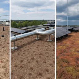 Zielony dach z panelami słonecznymi i instalacjami. Widok z góry, różnorodna roślinność, elementy infrastruktury technicznej. Zastosowanie ekologicznych rozwiązań.