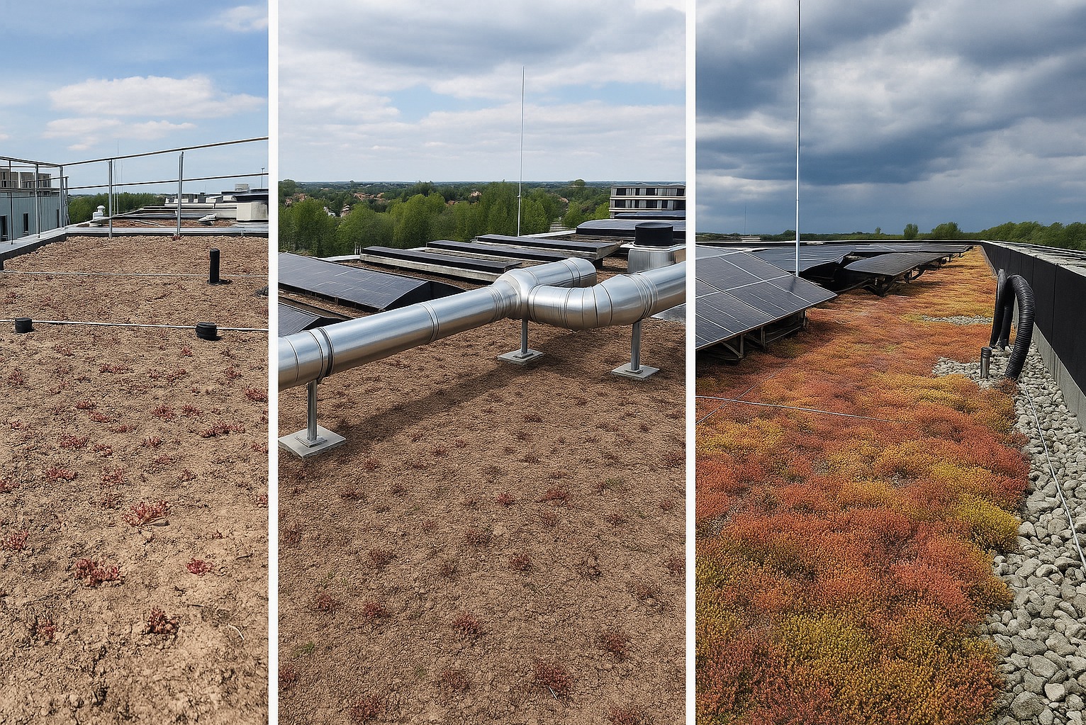 Zielony dach z panelami słonecznymi i instalacjami. Widok z góry, różnorodna roślinność, elementy infrastruktury technicznej. Zastosowanie ekologicznych rozwiązań.