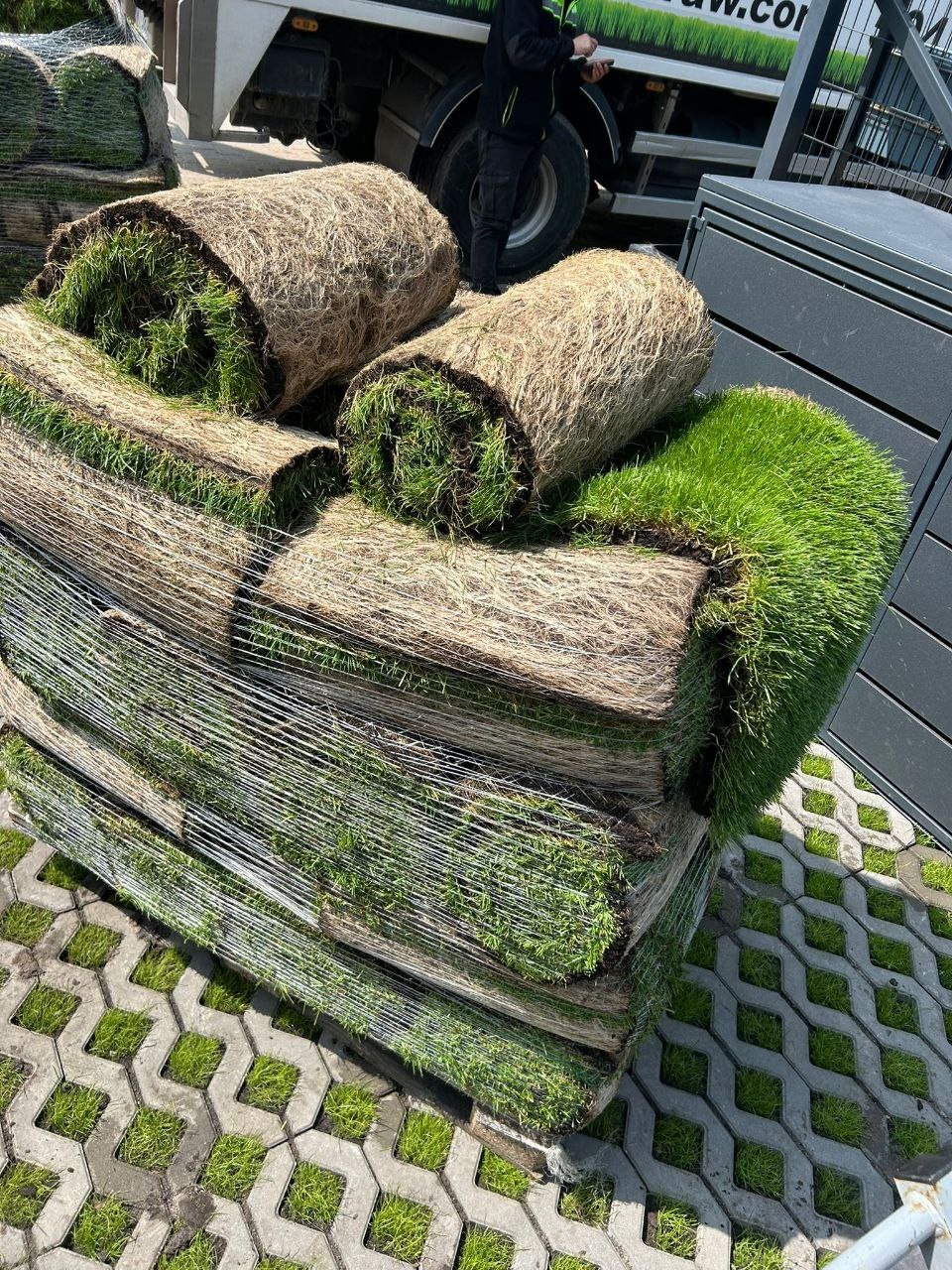 Paleta z rolkami trawy z widoczną strukturą korzeni, przygotowana do rozłożenia na nawierzchni z ażurowych płyt betonowych.