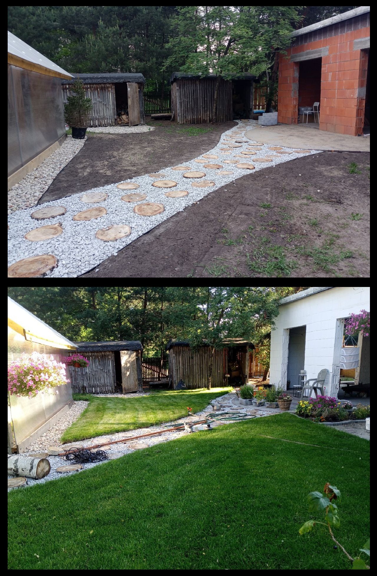 Wiejski ogród po metamorfozie: ścieżka z drewnianych krążków i białego kamienia, zielony trawnik, drewniane budynki gospodarcze. Układ 'przed i po' pokazuje efekt.