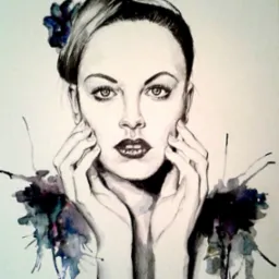 Czarno-biały portret kobiety z kwiatem we włosach, wykonany akwarelą z efektownymi rozpryskami farby w odcieniach fioletu i czerni.