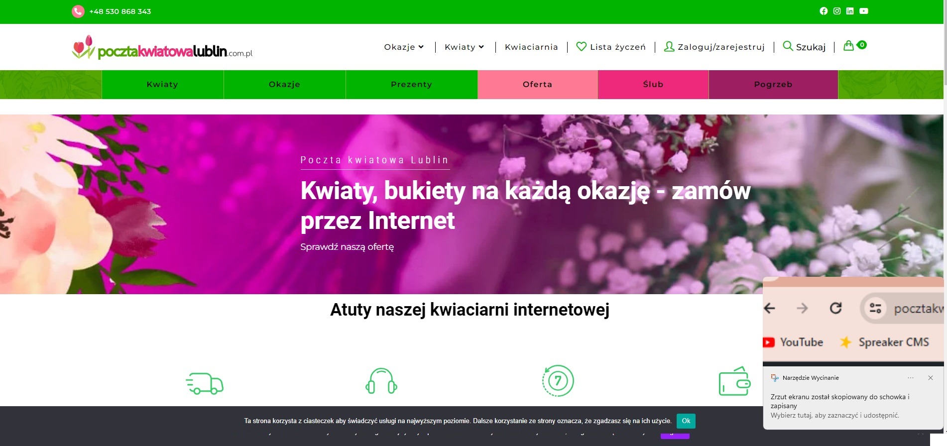Zrzut ekranu strony internetowej kwiaciarni online pocztakwiatowalublin.com.pl, prezentujący kwiaty i bukiety na różne okazje z możliwością zamówienia przez Internet, z widocznym menu nawigacyjnym...