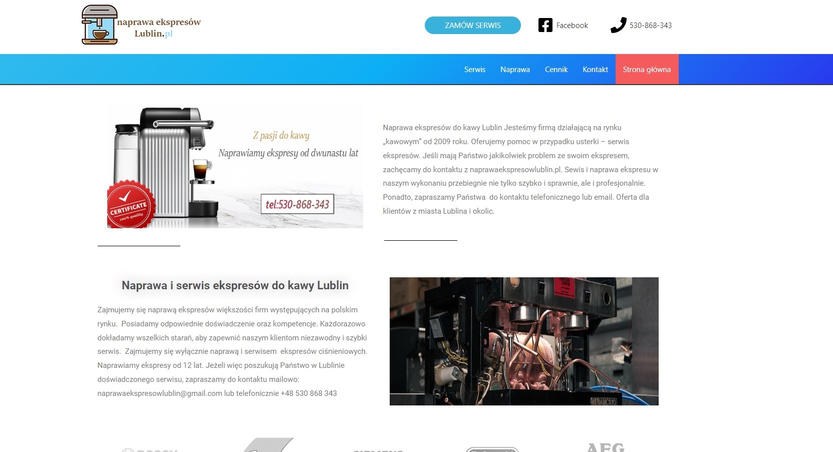 Strona internetowa firmy zajmującej się naprawą ekspresów do kawy w Lublinie, z widocznym ekspresem, numerem telefonu i certyfikatem jakości.
