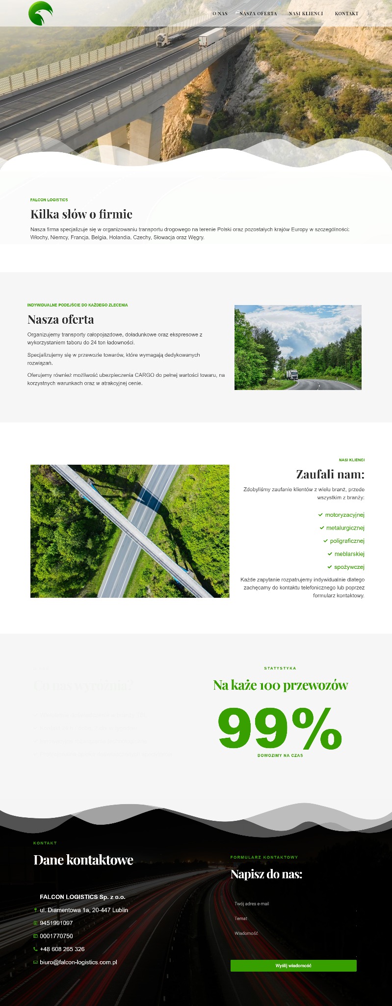 Strona internetowa firmy transportowej Falcon Logistics z widokiem na wiadukt i ciężarówki, prezentująca ofertę transportu drogowego w Europie.