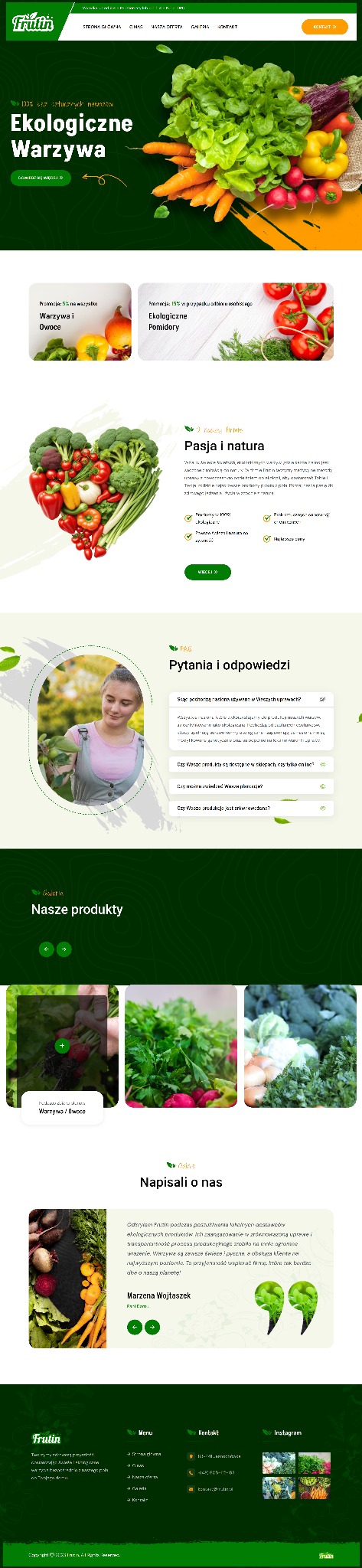 Projekt strony internetowej firmy sprzedającej ekologiczne warzywa, z zielono-pomarańczową kolorystyką i zdjęciami świeżych warzyw, prezentujący sekcje takie jak promocje, pasja i natura...