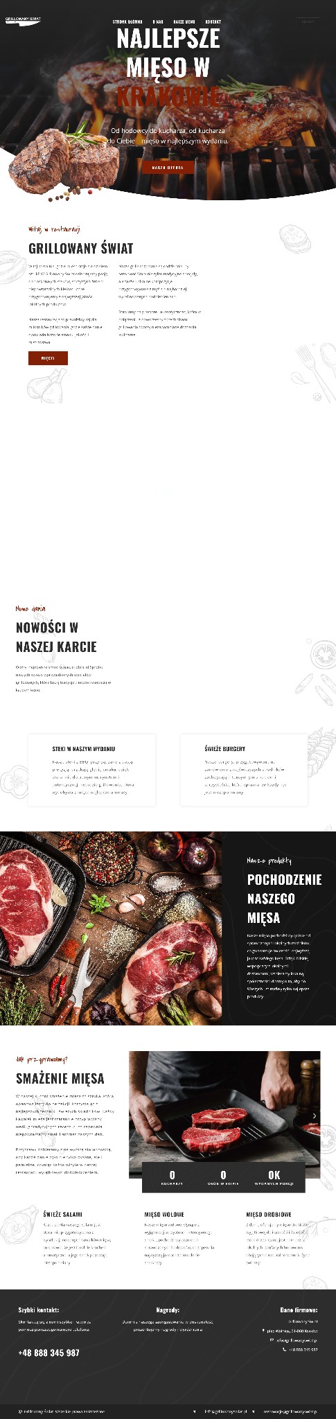 Projekt strony internetowej restauracji mięsnej z dużymi zdjęciami steków na grillu i surowego mięsa, ciemna kolorystyka, nowoczesny design.
