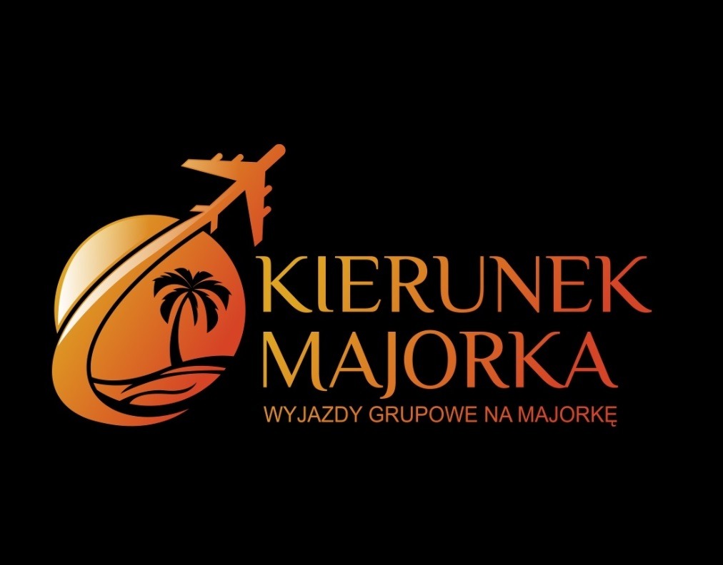 Graficzne logo z motywem podróży: samolot nad palmą na tle zachodzącego słońca, z napisem 'Kierunek Majorka - wyjazdy grupowe na Majorkę' w odcieniach pomarańczy na czarnym tle.