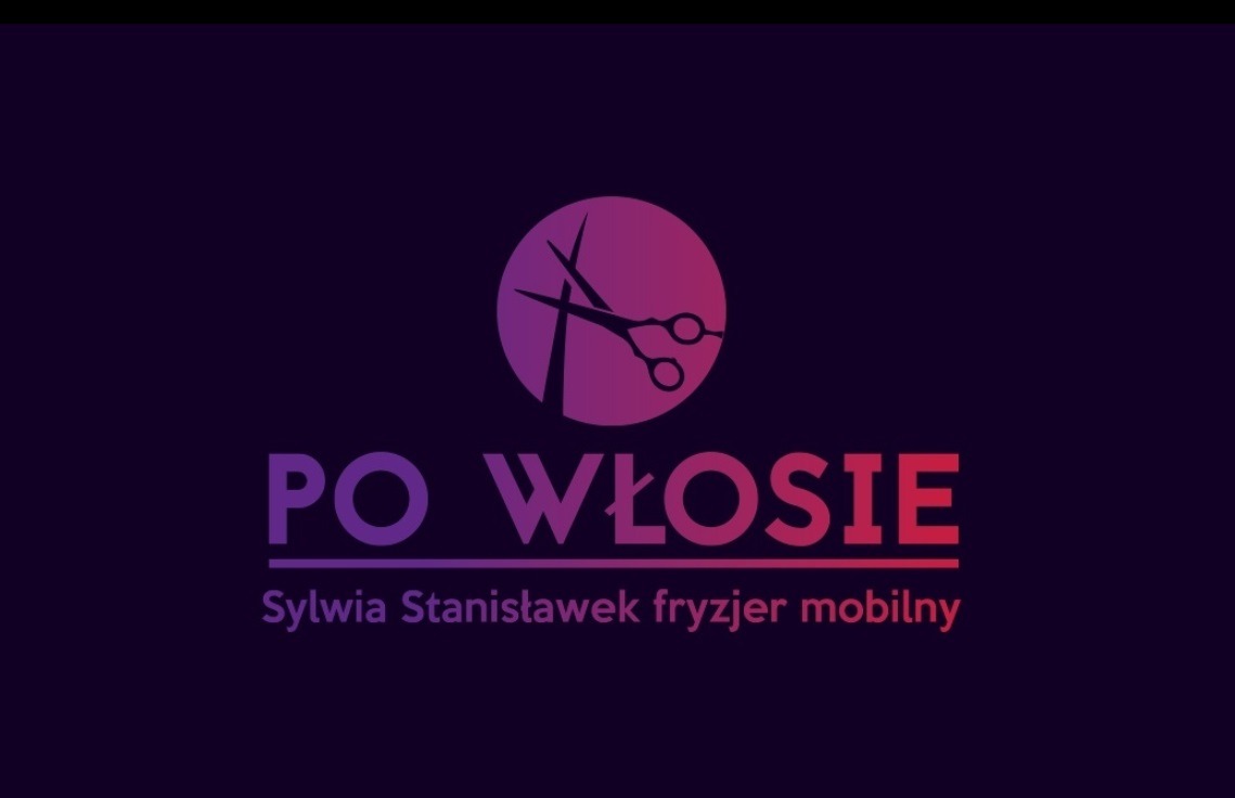 Gradientowe logo firmy 'Po Włosie' Sylwia Stanisławek fryzjer mobilny, z ikoną nożyczek i pasma włosów w okręgu.