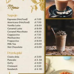Menu kawiarni z ilustracjami kawy i gofrów, prezentujące ofertę napojów i przekąsek wraz z cenami i danymi kontaktowymi.