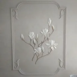Dekoracyjna płaskorzeźba magnolii na gładkiej, beżowej ścianie w ozdobnej ramie ze sztukaterii.