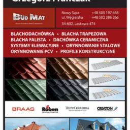 Ulotka reklamowa przedstawiciela handlowego Grzegorza Franczaka firmy Budmat, oferującego blachodachówkę, blachę trapezową, blachę falistą, dachówkę ceramiczną, systemy elewacyjne, orynnowanie...