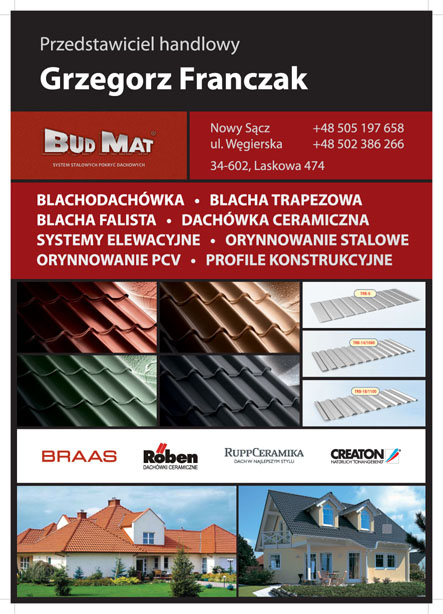 Ulotka reklamowa przedstawiciela handlowego Grzegorza Franczaka firmy Budmat, oferującego blachodachówkę, blachę trapezową, blachę falistą, dachówkę ceramiczną, systemy elewacyjne, orynnowanie...