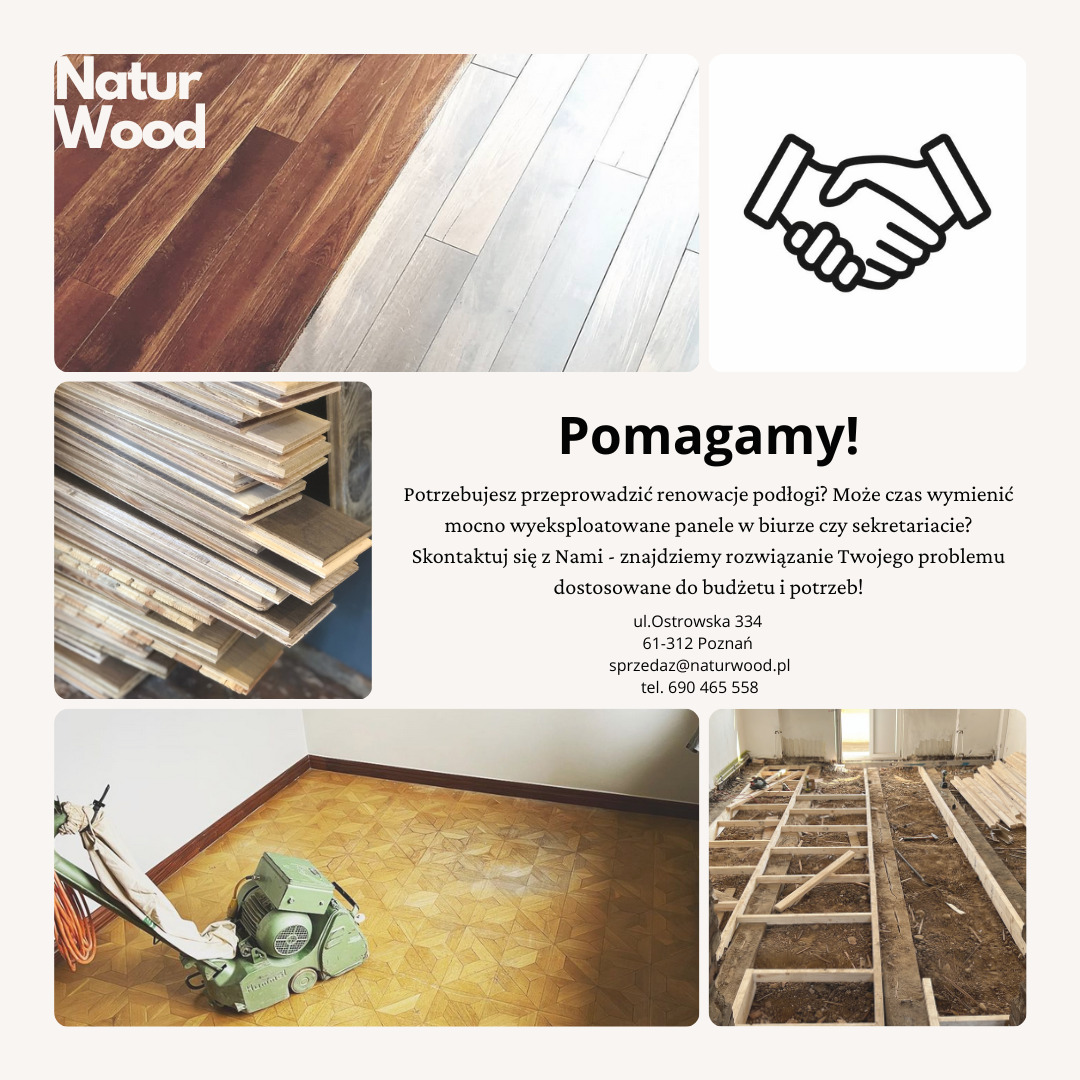 Plakat reklamowy firmy Natur Wood oferującej usługi renowacji podłóg, prezentujący próbki drewna, stos paneli, maszynę do cyklinowania oraz podłogę w trakcie remontu.