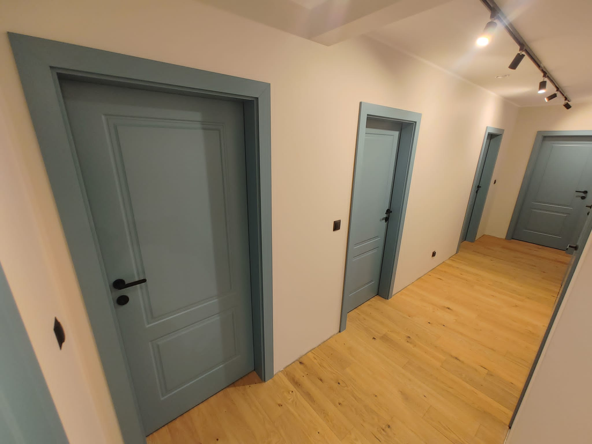 Korytarz z trzema parami drzwi w odcieniach błękitu, drewniana podłoga z wyraźnym usłojeniem, oświetlenie szynowe.