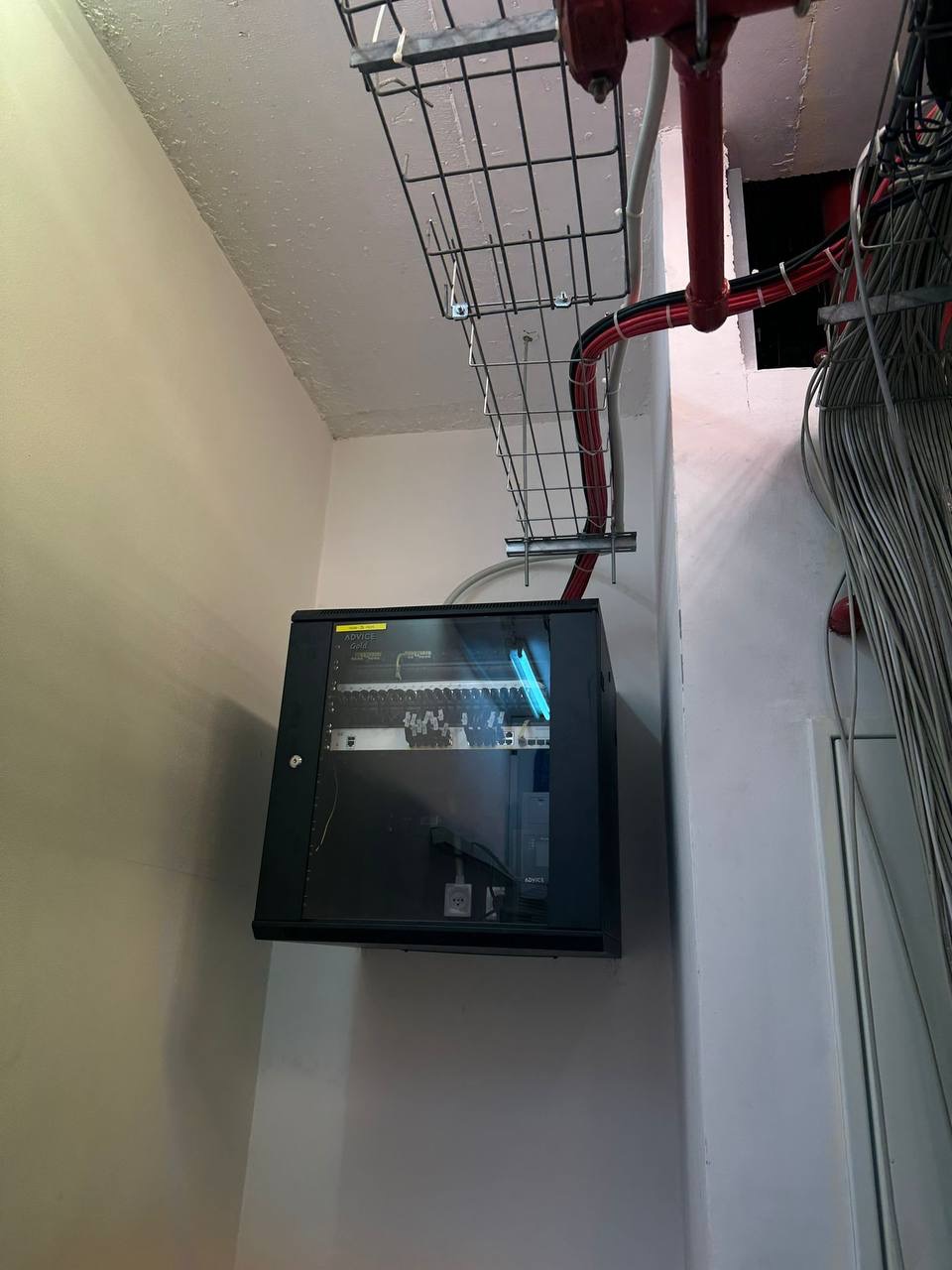 Zamknięta szafa rack z okablowaniem sieciowym i światłowodowym w Warszawie, zamontowana na ścianie w pomieszczeniu technicznym. Widoczne koryto kablowe pod sufitem i rury instalacji przeciwpożarowej.