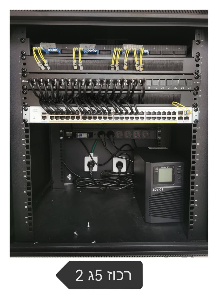 Szafa rack z patch panelem, switchem sieciowym Cisco, listwą zasilającą i zasilaczem awaryjnym (UPS) marki Advice, okablowanie strukturalne z żółtymi oznaczeniami.