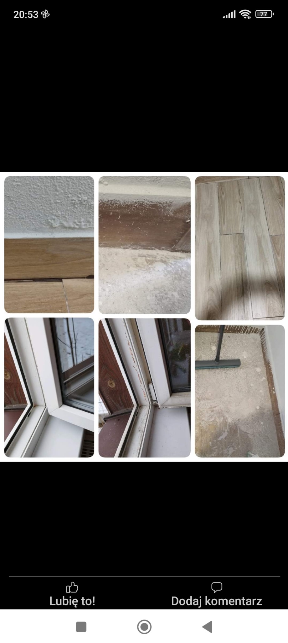 Kolaż sześciu zdjęć przedstawiających fragmenty mieszkania w trakcie lub po remoncie: zabrudzenia na styku ściany i podłogi, brudne ramy okienne oraz resztki zaprawy na podłodze, widoczna szpachelka.