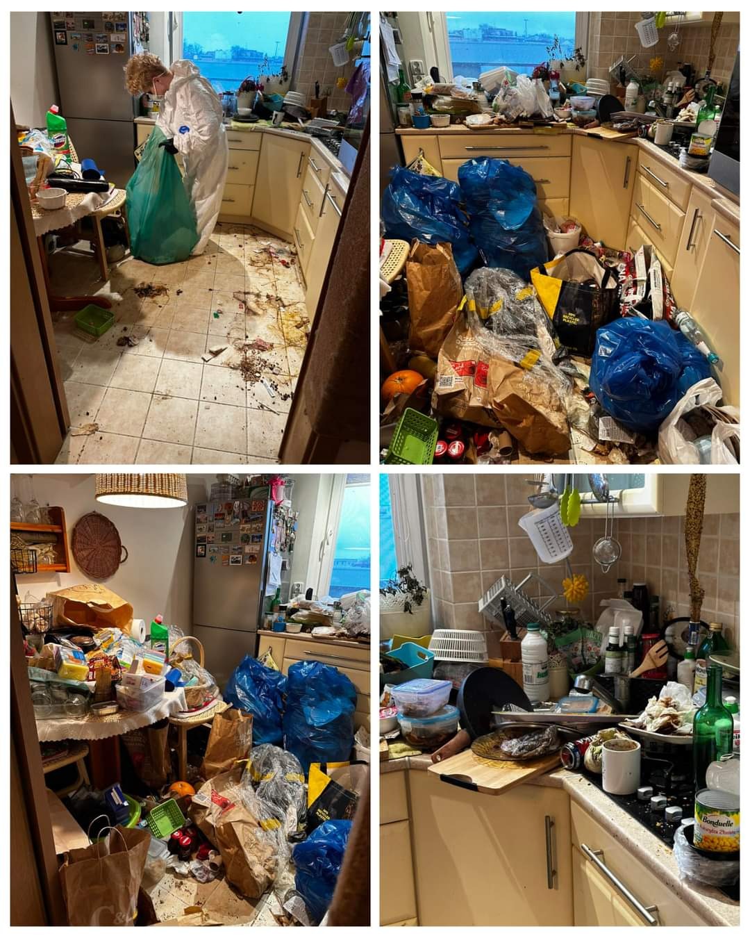 Silnie zabrudzona kuchnia przed uprzątnięciem: pracownik w kombinezonie ochronnym zbiera śmieci do worka, podłoga i blaty pokryte zabrudzeniami, widoczne worki ze śmieciami i przedmioty...