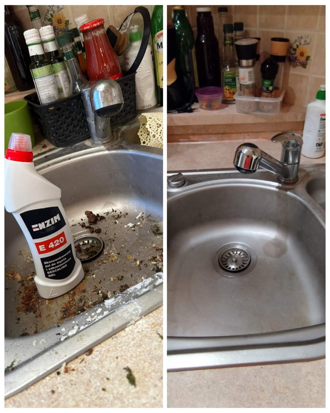 Zestawienie: Zlewozmywak kuchenny przed i po czyszczeniu, widoczny środek czyszczący Enzim E420, uporządkowane butelki i przyprawy w tle.