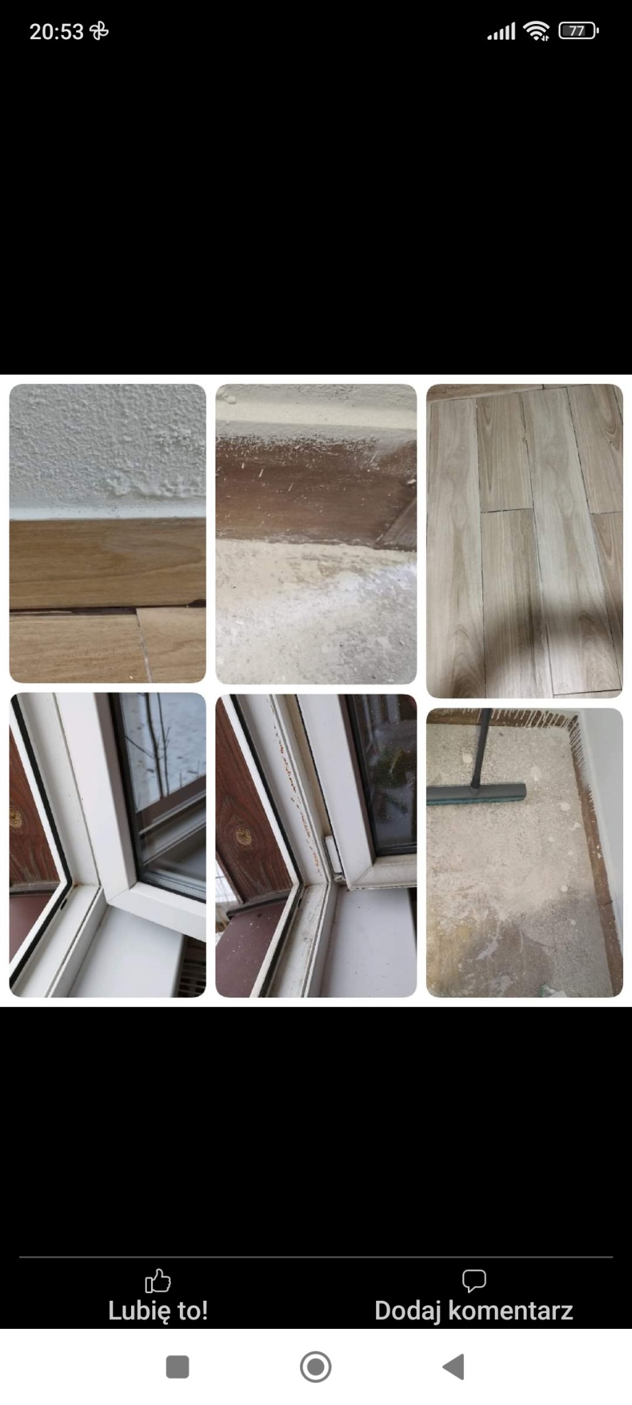 Zestaw sześciu zdjęć przedstawiających zabrudzenia i pozostałości po pracach budowlanych na podłodze, ścianach i oknach, wymagające usunięcia.