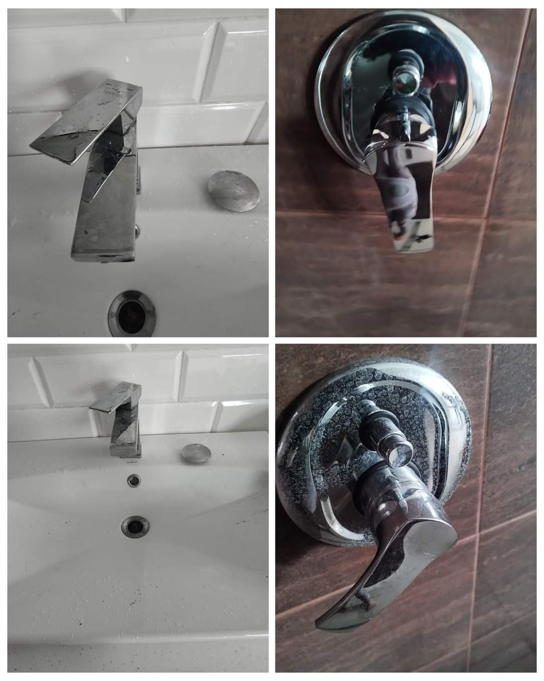 Kolaż zdjęć przedstawiający zabrudzone baterie umywalkowe i prysznicowe przed czyszczeniem, widoczne ślady kamienia i zaschniętych kropli wody na chromowanych powierzchniach.