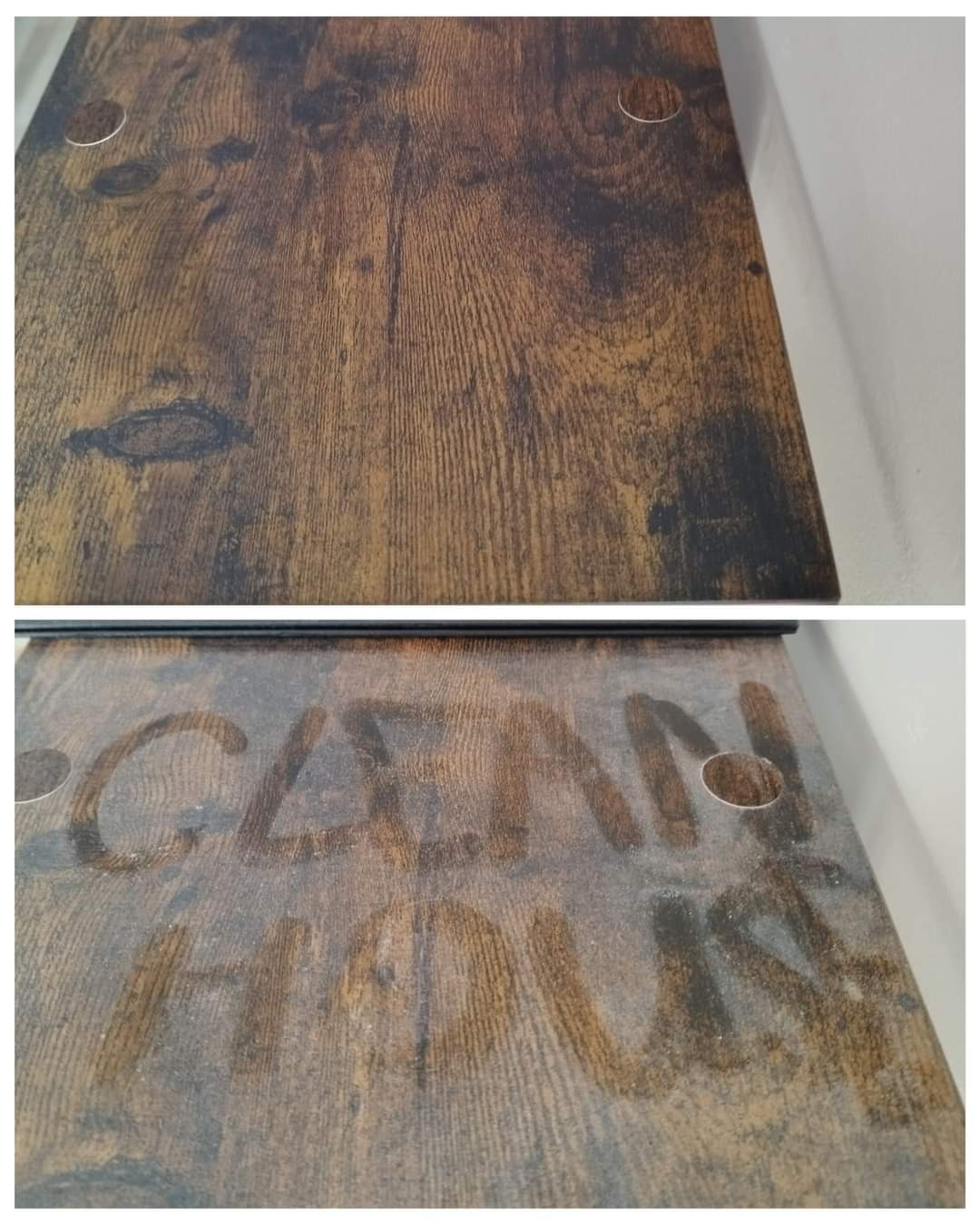 Drewniana powierzchnia z widocznym napisem 'CLEAN HOUSE' po czyszczeniu, ukazująca różnicę w wyglądzie przed i po zabiegu.