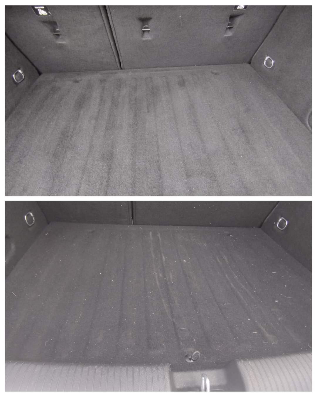 Porównanie: bagażnik samochodowy przed i po czyszczeniu, widoczne różnice w odcieniu i usuniętych zabrudzeniach na wykładzinie.