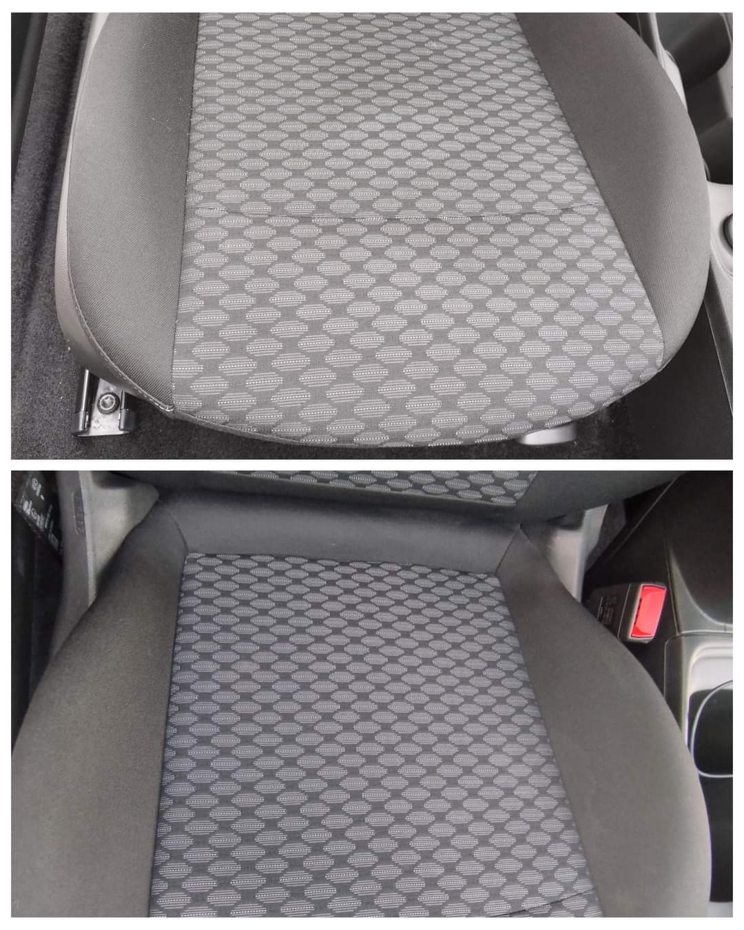 Porównanie fotela samochodowego przed i po czyszczeniu tapicerki, widoczne różnice w kolorze i usunięte zabrudzenia.