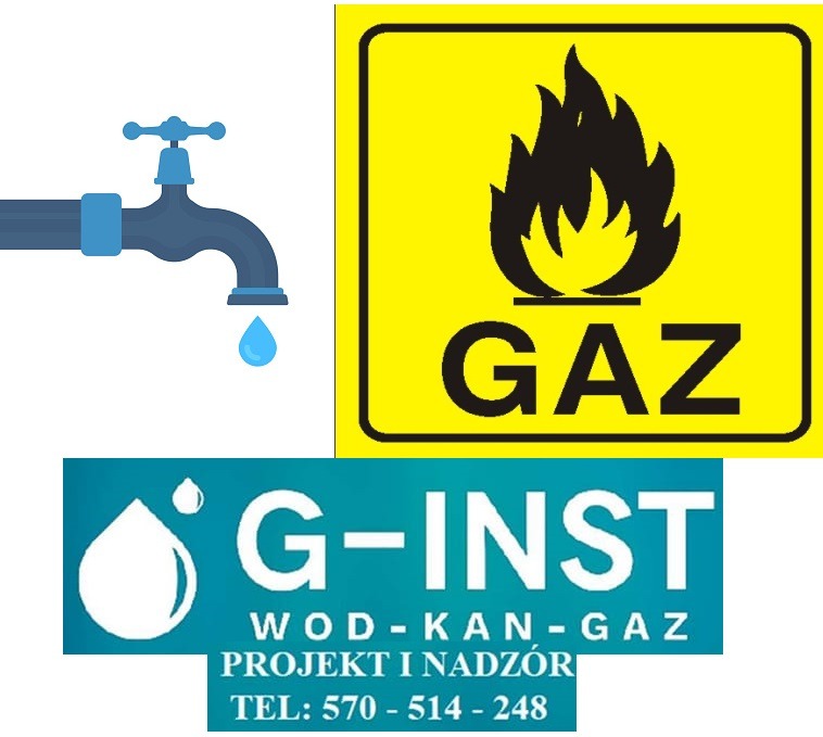 Zestaw ikon: kran z kroplą wody, znak ostrzegawczy z płomieniem i napisem GAZ, logo firmy instalacyjnej G-INST z numerem telefonu.