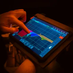 Palec dotyka ekranu tabletu z aplikacją do miksowania dźwięku, wyświetlającą kolorowy equalizer z siatką, w scenerii przyciemnionego otoczenia.