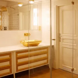 Elegancka łazienka w stylu glamour z białymi płytkami, złotymi akcentami i umywalkami w kolorze złota, widoczne szafki pod umywalkami z białymi frontami i złotymi paskami oraz drzwi z ozdobnymi...