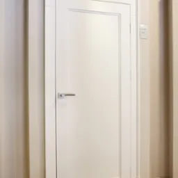 Białe, wewnętrzne drzwi z prostokątną ramą i srebrną klamką, oświetlone punktowym światłem, zamontowane w jasnym pomieszczeniu z szarą podłogą.