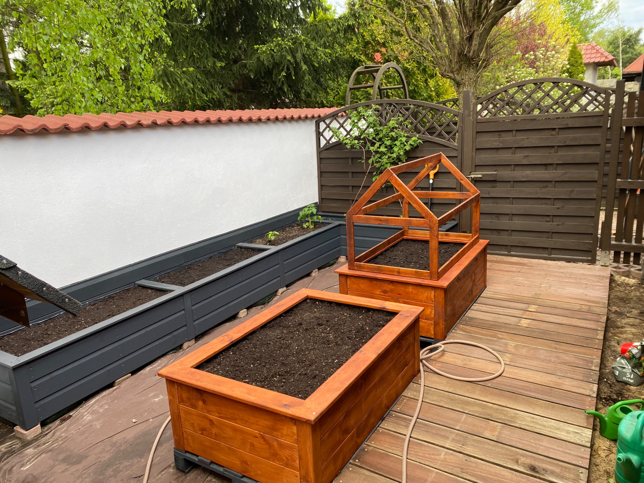 Drewniane podwyższone grządki w kolorze szarym i pomarańczowym na tarasie z desek, z konstrukcją szklarni w tle, obok ogrodzenia z kratką.