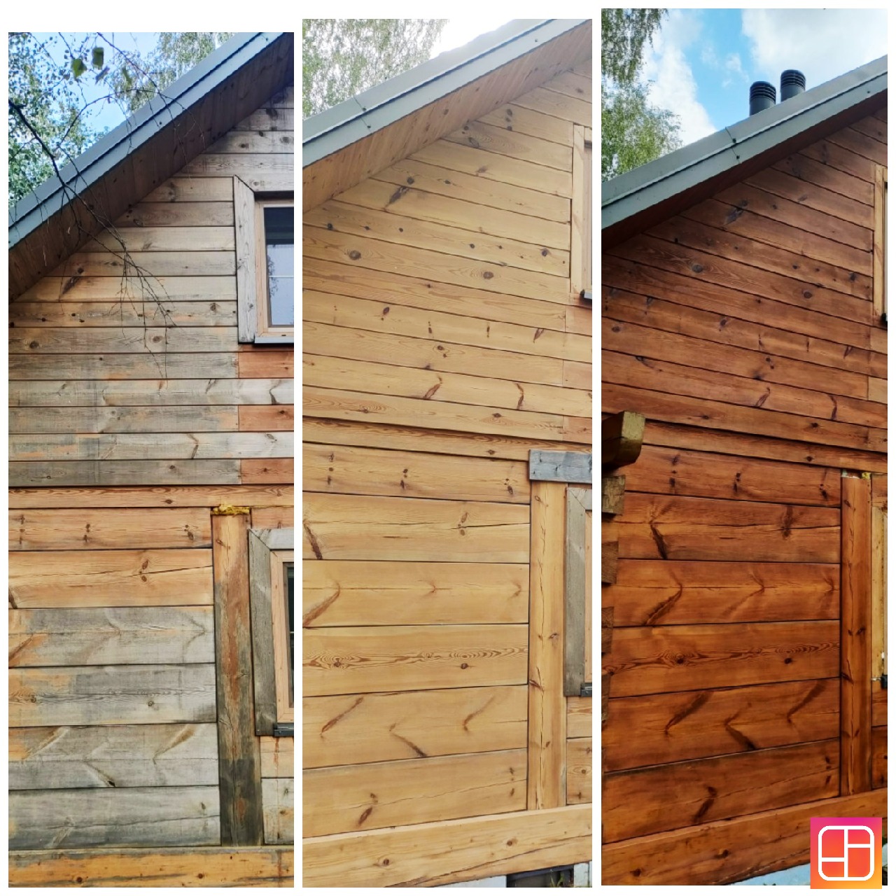 Drewniana elewacja domu w trzech etapach: przed czyszczeniem, po czyszczeniu i po impregnacji. Widoczne różnice w kolorze i strukturze drewna.